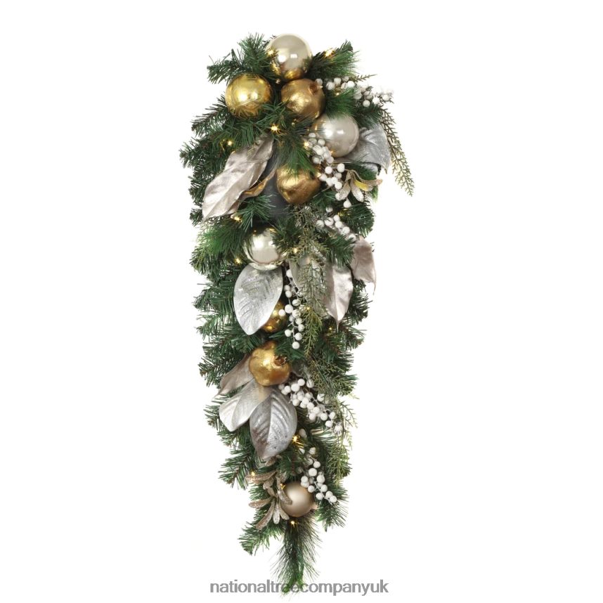 Greenery | National Tree Company Pre-Lit Artificial Christmas Swag Yuletide Glam Gold Decorated Teardrop with Warm White LED Lights Battery Powered 36 in F2L4F507